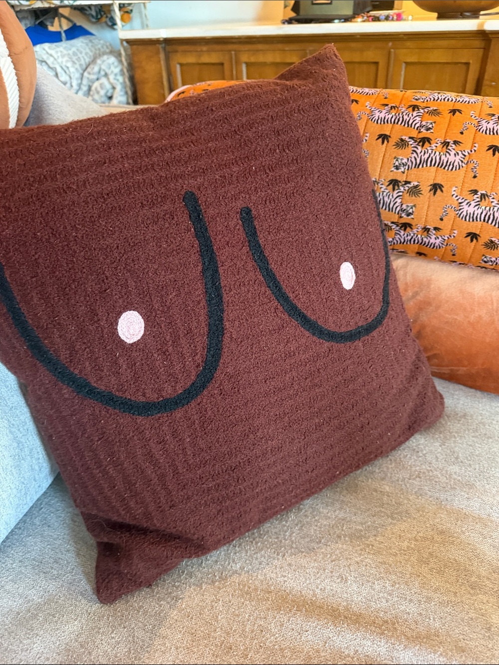 Boobie Pillow - Brown Boob With Pink Pillow Cover + Pillow - Picture 8 of 11